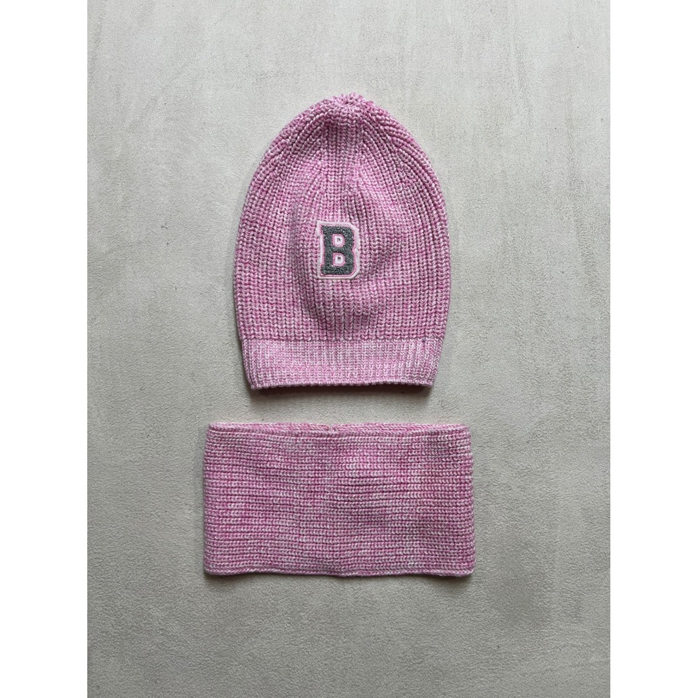 GB Baby Girls Pink Knit Beanie Hat and Neck Warmer Scarf Set Glitter B Patch M